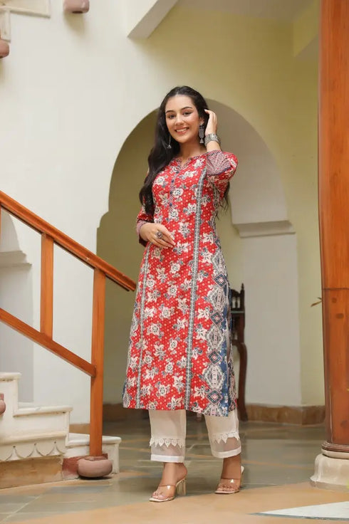 Women Red Floral Printed Pure Cotton Straight Kurta